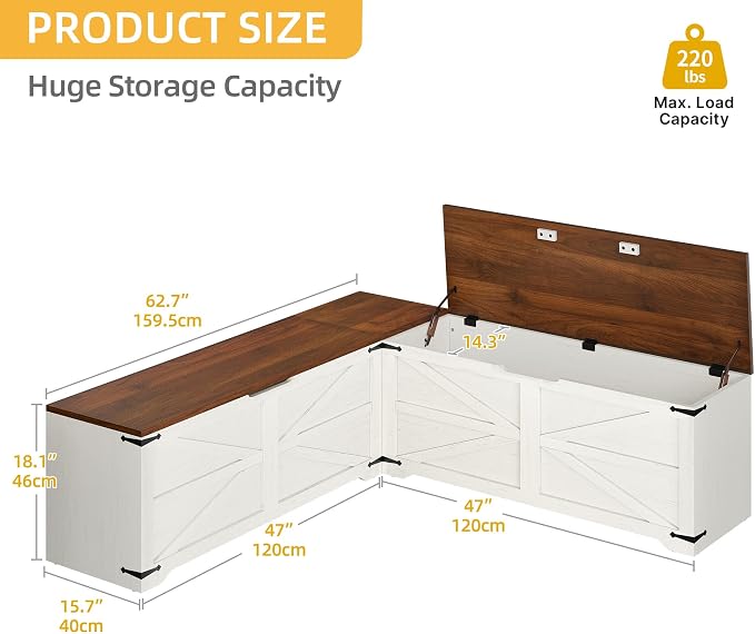 DWVO L-Shaped Storage Bench, 18" High Corner Dining Bench with Safety Hinges, Wooden Nook Chest for Living Room, Bedroom - Image 2