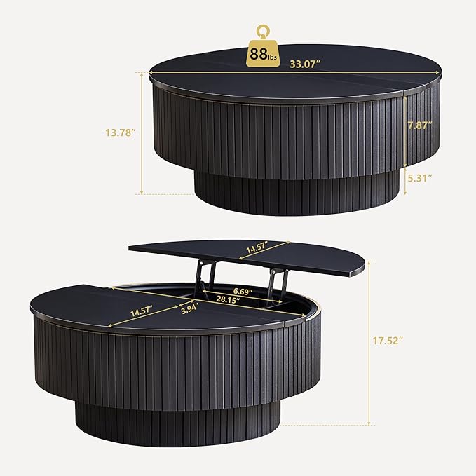 33" Round Coffee Table with Lift-Top & Flip-Top Storage, Modern Accent Fluted Coffee Tables with Metal Frame, Wooden Circle Center Table for Living Room Small Space Apartment Office (Black)