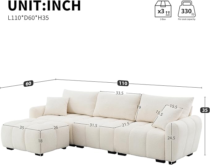 ERYE 110" L-Shaped Sectional Sofa 4 Seat Tufted Sofa Couches with Ottoman, Oversized Tufted Boucle Upholstered Corner Sectional Couch for Living Room Home Apartment