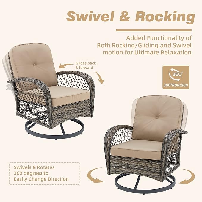 EROMMY 3 Pieces Outdoor Swivel Rocker Patio Chairs, 360 Degree Rocking Patio Conversation Set with Thickened Cushions and Glass Coffee Table for Backyard, Khaki