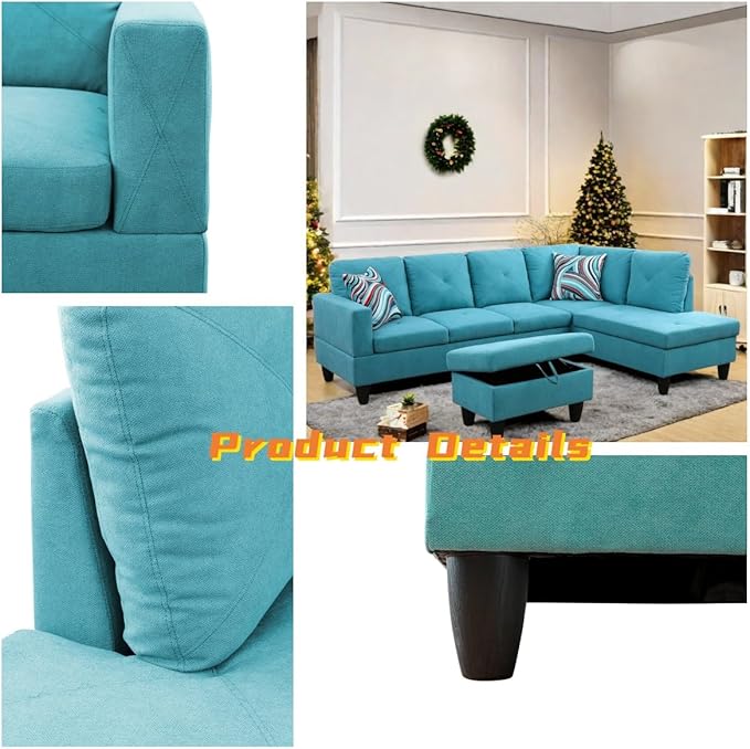 FONTOI L Shaped Sectional Couch with Otttoman, 97" Sectional Sofa for Living Room Flannel Modular Couches with Cup Holders for Bedroom, Apartments, Light Blue