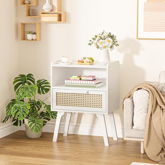 Lerliuo Rattan Nightstands Set of 2, Bedside Table with Drawer Open Shelf, Cane Accent Side End Table with Solid Wood Legs, White Mid Century Night Stand for Bedroom, Dorm and Small Spaces - Image 9