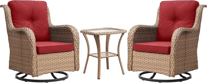 Rilyson Patio Chairs Rocking Swivel Chiar - 3 Piece Outdoor Wicker Patio Bistro Set Rattan Rocker Glider Chairs with High Back and Deep Seating for Outside Porch Deck Garden(Yellow/Red)