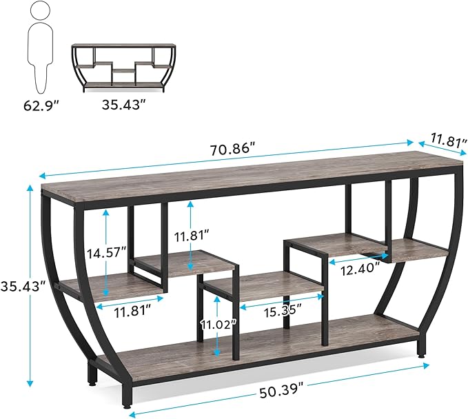 LITTLE TREE 70.9 Inch Long Sofa Table with Shelves, Rustic Console Table with Storage, Industrial Entryway TV Stand, Behind Couch Table Accent Tables for Living Room, Hallway, Foyer