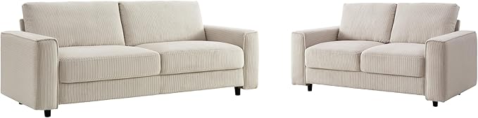 AC Pacific Derek 3 Piece Modern Corduroy Couches for Living Room, Tufted Sofas with Plush Upholstery, High-Density Foam, Sleek Black Legs, Durable Wooden Frame, Sofa, Loveseat and Chair Set, Beige