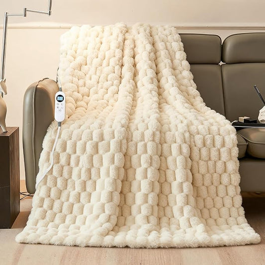 Eastsora Heated Blanket Throw 50" x 60" Soft Ribbed Faux Fur Flannel Fast Heating 12 Heat Levels 1–12H Timer & Overheat Protection & Auto Shut-Off & ETL FCC & Machine Washable Heated Throw