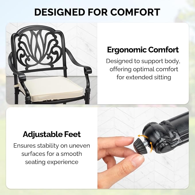 VINGLI Patio Chairs Set of 2 - Stackable Outdoor Cast Aluminum Dining Chairs with Vintage Black Finish and Floral Pattern, Metal Armchairs for Poolside, Backyard, Balcony (with Cushion) - Image 6