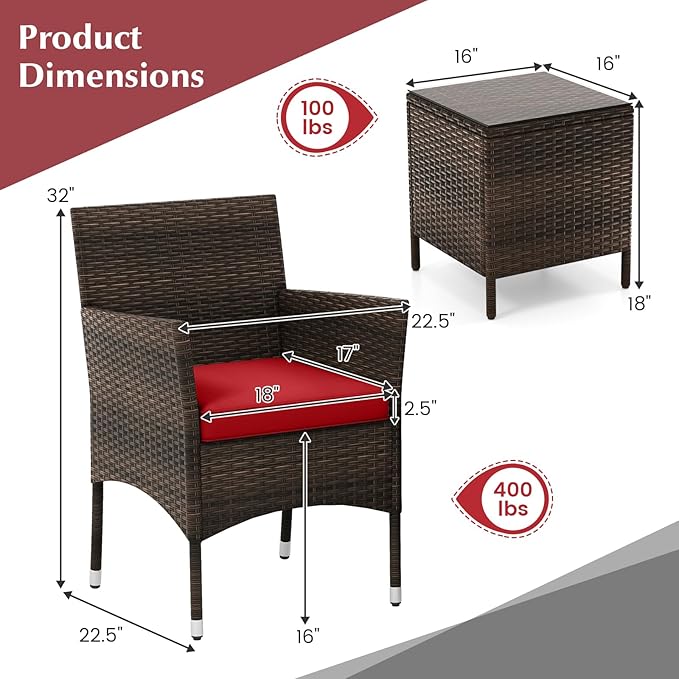 KOTEK 3 Piece Patio Furniture Set, Outdoor Wicker Patio Chairs with Soft Cushions & Tempered Glass Top Table, PE Rattan Bistro Set for Porch, Garden, Balcony (Red)