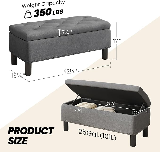 Furniliving Ottoman Bench with Storage, Folding Storage Ottoman Bench with Wood Legs, Upholstered Bedroom Bench with Button-Tufted, Entryway Bench Storage Bench for Bedroom, Linen (Darkgrey) - Image 2