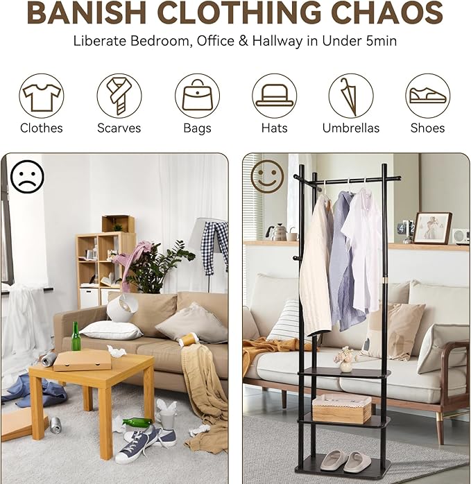 Wood Coat Rack Freestanding Clothing Rack with 3 Storage Shelves and 5 Hooks Coat Tree Heavy-Duty Garment Rack for Corner Entryways Living Rooms and Bedrooms, Black - Image 5