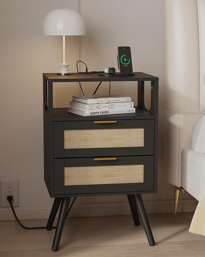 JOONEE Rattan Nightstand with Charging Station,Farmhouse Bedside Table with 2 Storage Drawer and Open Wood Shelf, for Bedroom and Small Spaces,Night Stand with Solid Wood Legs (Black-Outlet) by JOONEE