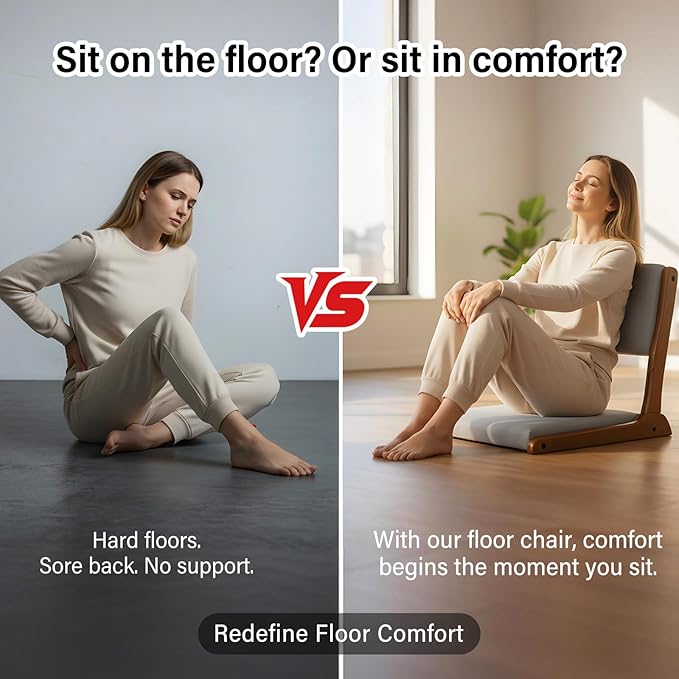 Tiita Foldable Tatami Chair, Japanese Floor Chair, Wood Legless Back Rest Chairs with Cushion, Accent Meditation Floor Chairs Bay Window, Walnut Grey