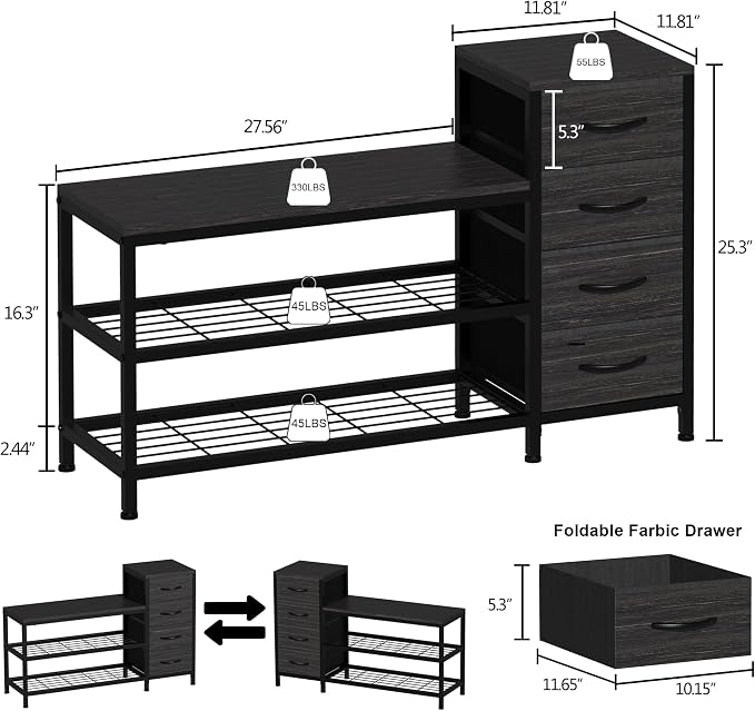 EXOTICA 3 Tier Entryway Bench Shoe Storage Bench with 4 Fabric Drawers Metal Frame and Wooden Board Shoe Rack Bench with Seat for Entryway Hallway Front Door Doorway - Image 3