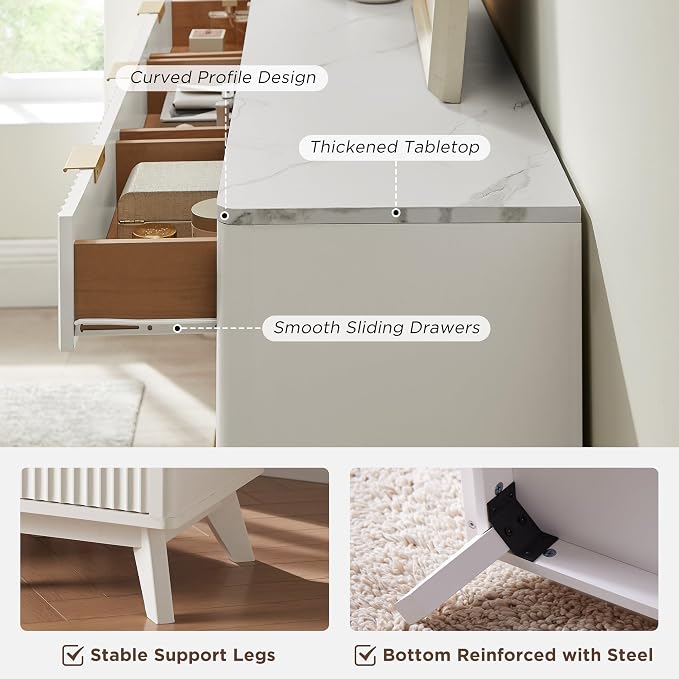 T4TREAM Fluted 9 Drawer Dresser, Modern Chest of Drawers with Faux Marble Top, Curved Profile Design, Dresser TV Stand, Wood Drawer Organizer for Bedroom, Living Room, Hallway, Solid White - Image 6