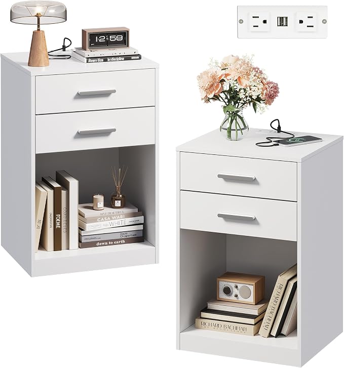 WLIVE Night Stand Set of 2 with Charging Station, Nightstands with 2 Wood Drawers and Open Shelf, Bed Side Tables Living Room, Bedroom, Modern End Table Set 2, White by WLIVE