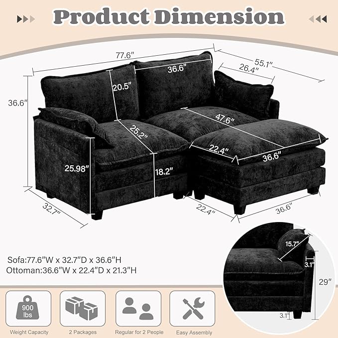 Modular Sectional Cloud Couch, 78" L Shaped Sectional Comfy Couchs for Living Room, 2 Seat Convertible Modular Sofa Couch with Ottomans for Living Room, Apartment, Black