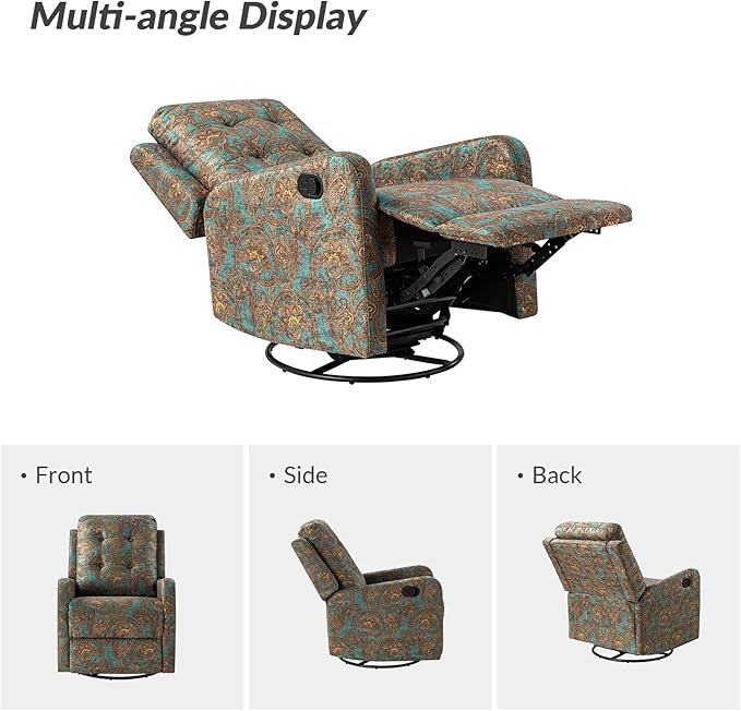 HULALA Home Recliner Chair Set of 2, Modern Printed Fabric for Living Room, Rocker Recliner Sofa Comfy Armchair 360 Degree Swivel, Nursery Rocking Chairs with Adjustable Backrest & Footrest/Teal