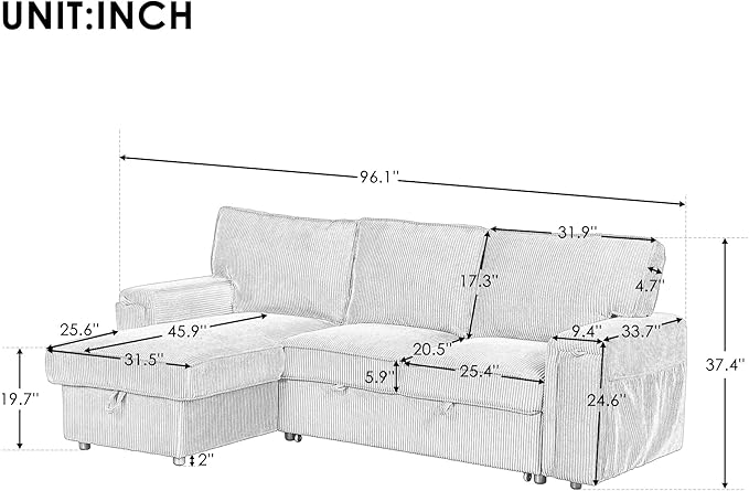 Modern Reversible Sleeper Sectional Sofa W/Pull Out Couch Bed and Large Capacity Storage Chaise, L-Shaped Corduroy Upholstered Sofa&Couch Convertible Sofabed with Hidden Cupholders for Living Room