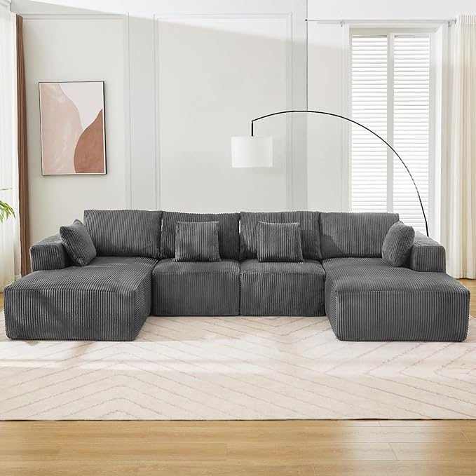 Cloud Boneless Couch 137" Modern Sectional U-Shaped Comfy No Assembly Required Convertible Compression Sleeper Modular Sofa with Corduroy Fabric Deep Seat Single + Chaise for Living Room