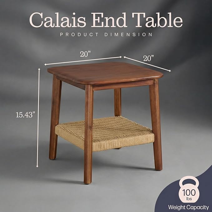 Alaterre Furniture Calais 2-Tier Solid Wood End Table with Woven Storage Shelf – Mid Century Modern Nightstand or Side Table for Living Room, or Bedroom (Chestnut) - Image 3