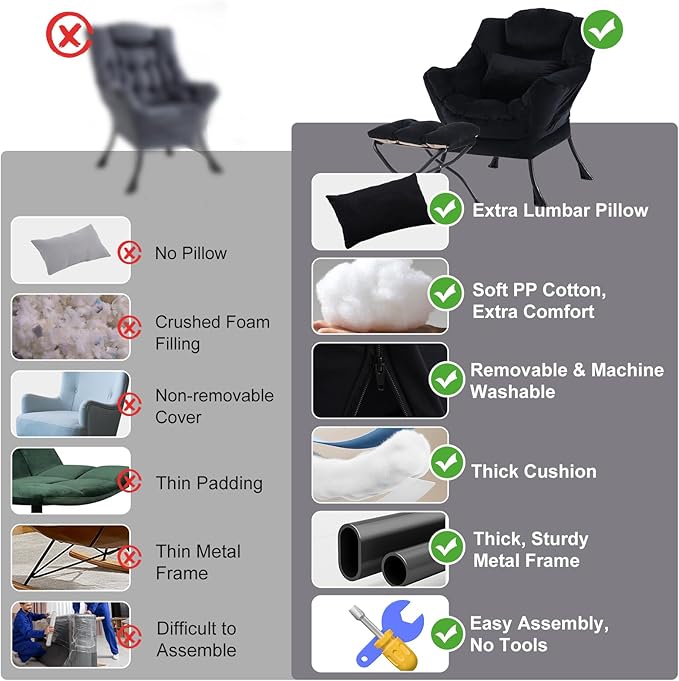Lazy Chair with Ottoman, Modern Accent Chair with Lumbar Pillow, Velvet Black Sofa, Armchairs with Folding Footrest, Oversized Supportive Chairs for Bedroom, Reading