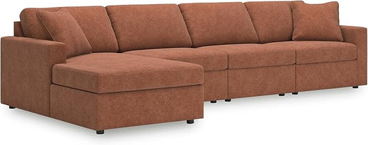 Signature Design by Ashley Modmax Stain Resistant Minimalist Modular Anti Sag Left-Arm Facing 4-Piece Sectional with Chaise, Loose Reversible Cushions and 2 Accent Pillows, Orange