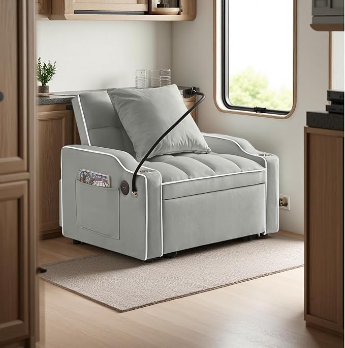 3 in 1 Convertible Sleeper Sofa Bed with Phone Holder, 35'' Pull Out Sofa Bed Recliner with Adjustable Backrest, Velvet Fabric Sleeper Couch Single Modern Chair for Small Space & RV, Gray