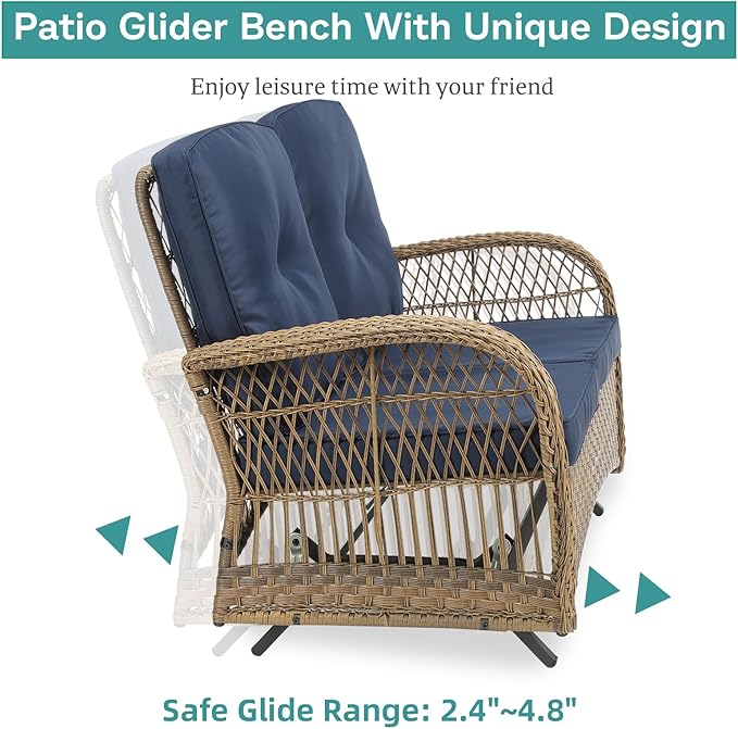 MEETWARM 4 Pieces Outdoor Wicker Patio Conversation Sets with Glider Loveseat, 2 Chairs with Glass-Top Coffee Table Wicker Rocking Glider Set, Wicker Conversation Set w/Thickened Cushions, Navy Blue