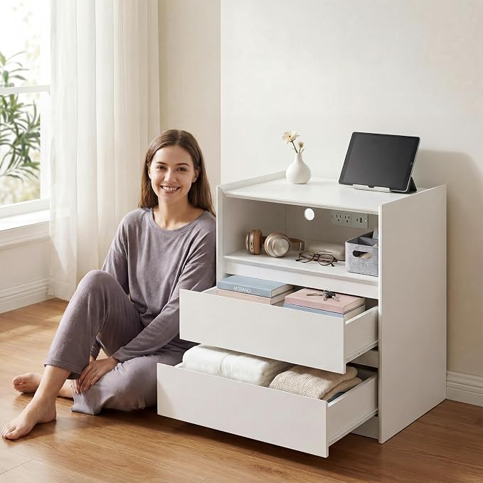 24" Tall Nightstand with Charging Station Including USB-C, Modern Bedside Table and Sofa End Table - White, 2 Drawers, 1-Pack - Image 4