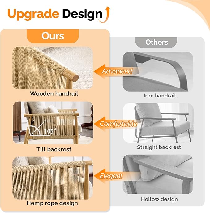 VINGLI Boho Braid Accent Armchair,Mid-Century Modern Chiar with Solid Wooden Armrest,Comfy Louge Cushion Chair with Waist Pillow for Bedroom,Living Room,Reading Room, Gray Beige