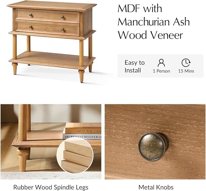HULALA HOME Farmhouse Nightstand with Drawer & Open Shelf, Natural Wood End Table with Solid Wood Legs, 28.4'' Wide Sofa Side Table with Charging Station(Oak) - Image 3