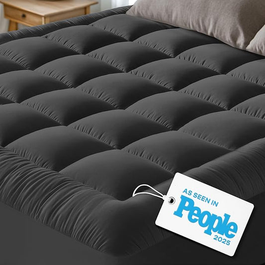 Cloud-Like Queen Mattress Topper - 100% Cotton Top Mattress Pad for Back Pain Relief - Breathable & Naturally Cooling for Hot Sleepers, Dark Gray