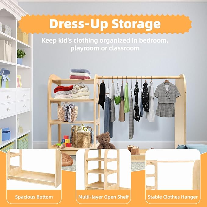 homegroove Kids Dress Up Storage with Mirror, 31.5 Inch Kids Wardrobe Closet with Storage Shelf for Little Girls and Boys, Wooden Costume Organizer for Bedroom Classroom Playroom Furniture