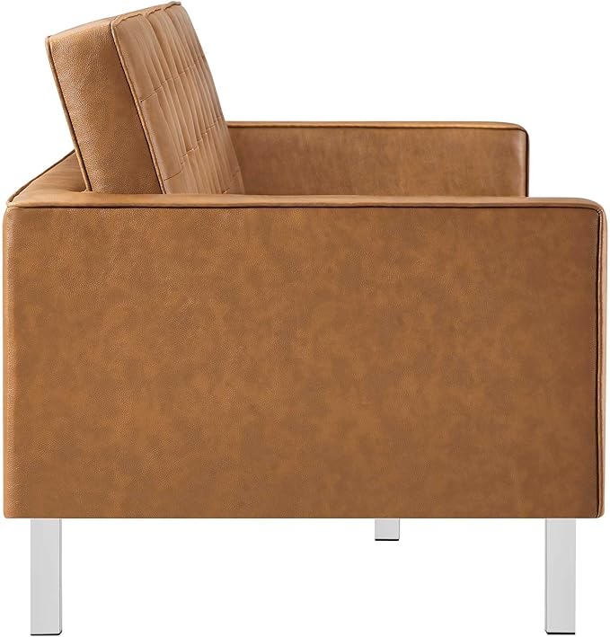 Modway Loft Tufted Button Faux Leather Upholstered Sofa in Silver Tan