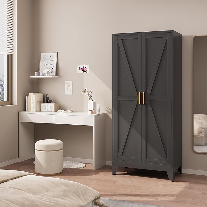 71" Tall Metal Armoire Wardrobe Closet, Clothing Storage Cabinet, Freestanding Wardrobe Cabinet with 4 Adjustable Shelves for Bedroom, Office, Garage