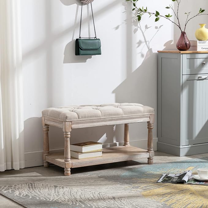Farmhouse Storage Bench Wooden Entryway Linen Upholstered Ottoman Button Tufted Bench for Bedroom End of Bed Hallway Organizer, Beige, 32 Inch - Image 6