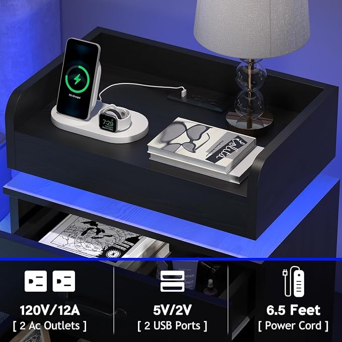 4ever2buy Black Nightstand Set of 2 with Charging Station and LED Lights Modern Bedside Tables with Drawers End Tables for Bedroom - Image 3