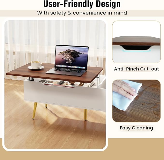Tangkula Lift Top Coffee Table, Mid Century Modern Center Table with Split Top & 2 Hidden Compartments, Rectangle Accent Table with Tapered Metal Legs for Living Room (Walnut+White+Gold)
