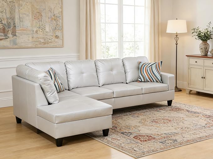 103.5 Inch Modern L-Shaped Couch, PU Leather Sectional Sofa with Chaise Lounge, 4-Seater Couch with Accent Pillows for Living Room, Apartment, Silver Grey