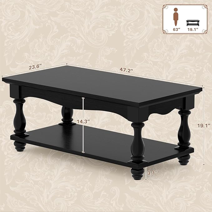 47 inch Black Coffee Table with Storage, 2-Tier Farmhouse Coffee Table with Solid Wood Legs, Mid Century Coffee Tables for Living Room