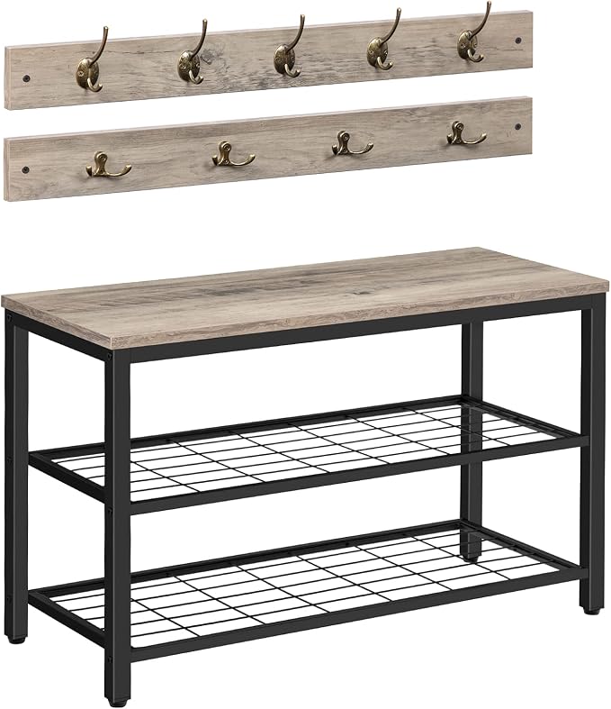 HOOBRO Hall Tree with Bench, Coat Rack Shoe Bench Set, Entryway Shoe Rack with Coat Hooks, Hall Tree Coat Rack, 27.6" L x 11.8" W x 18.1" H, Mud Room, for Foyer, Front Door, Greige BG07MT01 by HOOBRO