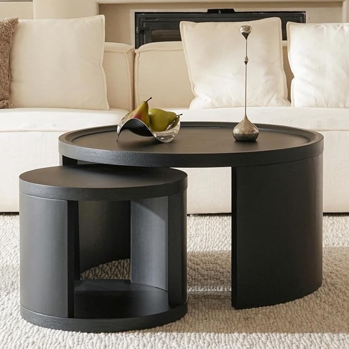 Round Nesting Coffee Table Set of 2, Black Coffee Table, 31.5" Large & 18" Small Low Tables with Wood Top, Center Table for Living Room, Bedroom, Minimalist Center Table Set