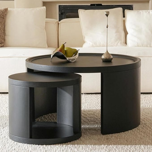 Round Nesting Coffee Table Set of 2, Black Coffee Table, 31.5" Large & 18" Small Low Tables with Wood Top, Center Table for Living Room, Bedroom, Minimalist Center Table Set