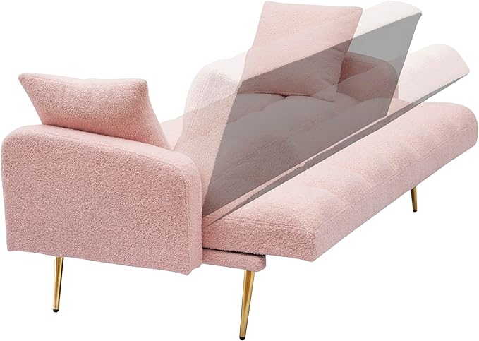Convertible Futon Loveseat Couch Reversible Loveseat Folding Daybed Guest Bed, Tufted Teddy Fleece Upholstered Convertible Sleeper Sofa Bed with Golden Metal Legs and 2 Pillows for Living Room Office