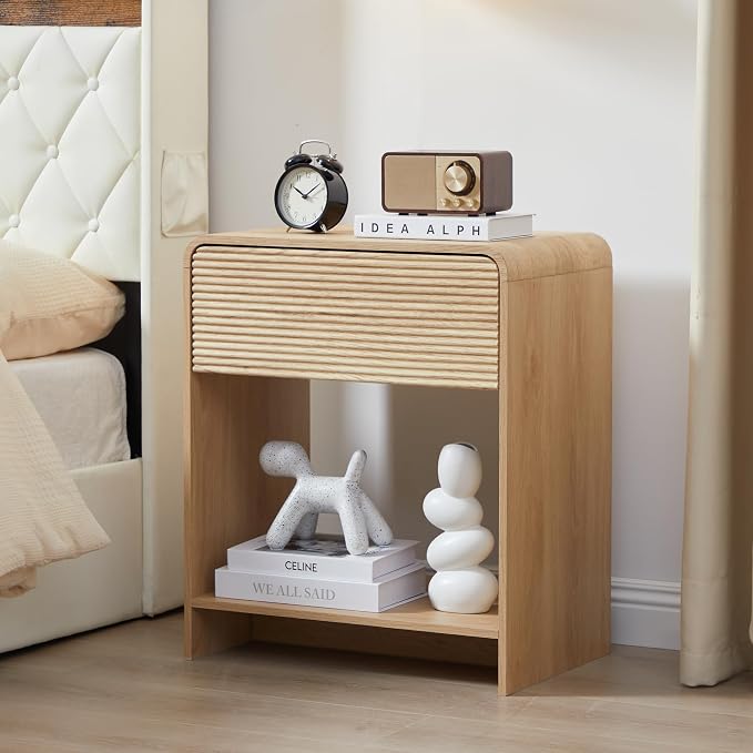 XUZENEST Fluted Nightstand with Charging Station, Mid Century Modern Bed Side Table End Table with Drawer Storage, Large Wooden Night Stands Bedside for Bedroom Living Room Sofa Office, Natural - Image 7
