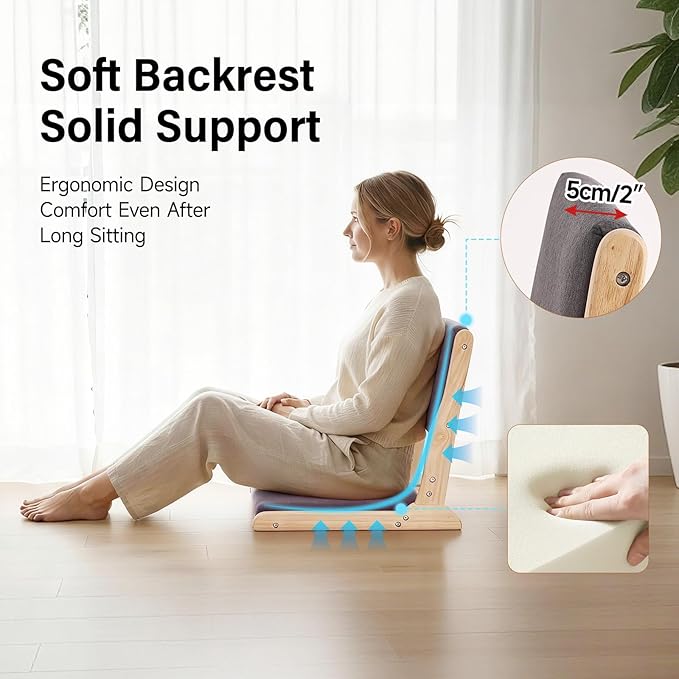 Tiita Floor Chair with Back Support, Foldable Meditation Tatami Chairs, Backrest Chair with Cushion, Living Room Chair Seat 4 Pack, Wood Dark Grey