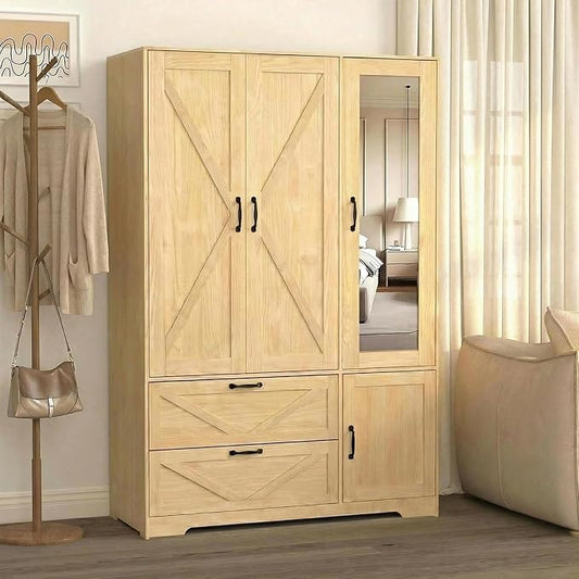 3 Doors Armoire Wardrobe Closet with Mirror Door and LED Lights,Bedroom Armoire with Drawers,Large Capacity Freestanding Armoire with Hanging Rod,Adjustable Shelves and Hooks(Natural)
