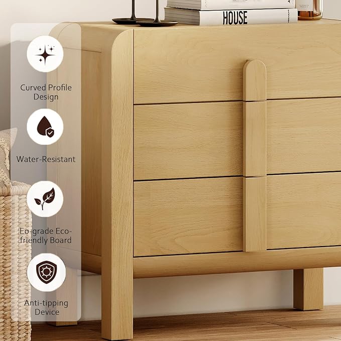 WAMPAT Nightstands Set of 2, Large Nightstands with 3 Drawers, Modern 31.5" Tall Wooden End Tables with Storage, Oak Nightstands Bedside Tables with Curved Design for Bedroom - Image 5