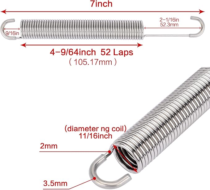 7 inch Stainless Steel Replacement Recliner Sofa Chair Mechanism Tension Spring - Long Neck Hook Style