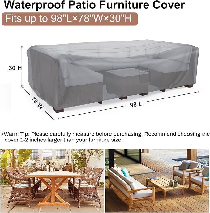Mrrihand Heavy Duty Patio Furniture Covers, Outdoor Furniture Covers Waterproof Sectional Sofa Set, Patio Table and Chair Set Cover 98" L×78" W×30" H,Grey - Image 2